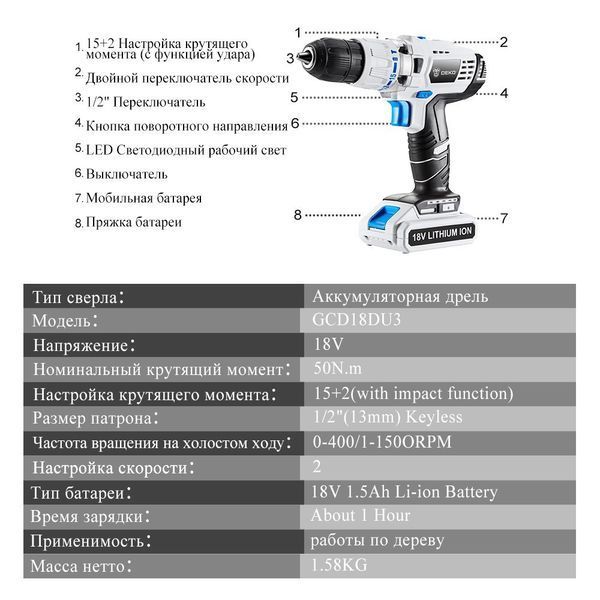 Дрель-шуруповерт ударная DEKO (S5002-GCD18DU3) S5002-GCD18DU3 фото