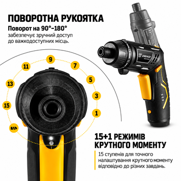 Аккумуляторная отвертка DEKO DCS36DU2-S1 (3.6В, Li-Ion, 15+1 ступеней) с поворотной рукояткой и битами &mdash; KropkaTech S5002-DCS36DU2-S1 фото